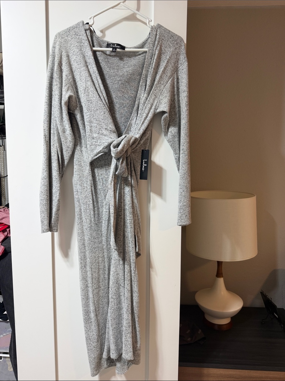 Lush Light Grey Tie-Waist Long sweater dress